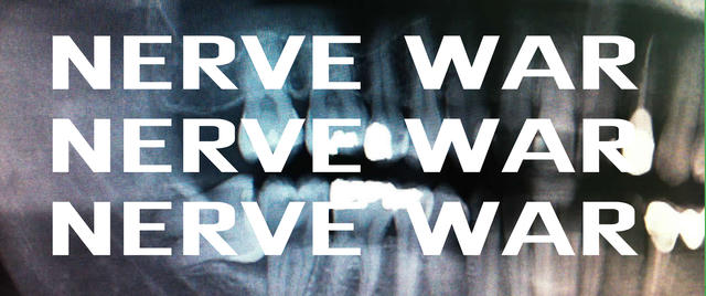 digital jcard mockup featuring an oral x-ray shwing fillings and an impacted wisdom tooth with NERVE WAR on the cover and spine, and the track titles.